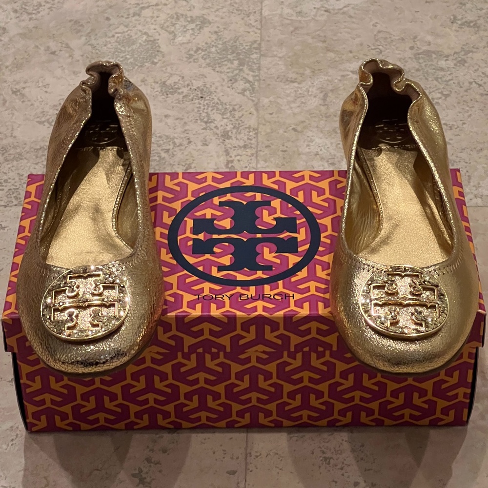 New Tory Burch Gold Reva Flats